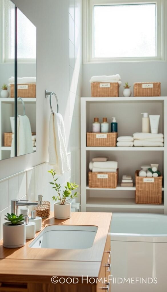 A beautifully organized bathroom scene showcasing efficient storage solutions. In the foreground, a sleek, wooden vanity with neatly arranged toiletries in stylish containers. Delicate greenery in the form of small potted plants adds a fresh touch. The middle ground features open shelves with labeled baskets filled with bath essentials, such as towels, soaps, and skincare products, all in calming, neutral tones. In the background, soft, natural light streams in through a frosted window, illuminating the space and casting gentle shadows. The overall mood is serene and inviting, reflecting an ADHD-friendly, clutter-free environment. Capture the essence of modern organization with a focus on functionality and style, branded with "GoodHomeFinds." A beautifully organized bathroom scene showcasing efficient storage solutions. In the foreground, a sleek, wooden vanity with neatly arranged toiletries in stylish containers. Delicate greenery in the form of small potted plants adds a fresh touch. The middle ground features open shelves with labeled baskets filled with bath essentials, such as towels, soaps, and skincare products, all in calming, neutral tones. In the background, soft, natural light streams in through a frosted window, illuminating the space and casting gentle shadows. The overall mood is serene and inviting, reflecting an ADHD-friendly, clutter-free environment. Capture the essence of modern organization with a focus on functionality and style, branded with "GoodHomeFinds."