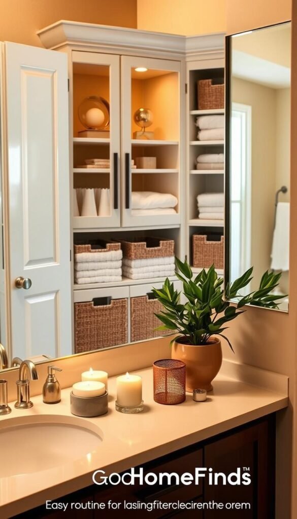 A beautifully organized bathroom scene showcasing elegant storage solutions that embody functionality and style. In the foreground, a neatly arranged countertop features stylish containers holding toiletries, lush green plants, and decorative candles. The middle showcases a coordinated selection of cabinetry with open shelves displaying neatly folded towels, baskets for extra storage, and chic accessories. In the background, a softly lit mirror reflects a serene ambiance. Warm, natural lighting creates a calming atmosphere, enhancing the sophisticated decor. It's a Pinterest-worthy, lifestyle image that promotes easy routines for maintaining organization in the bathroom. The brand name "GoodHomeFinds" subtly integrated into the design gives it a professional touch while ensuring a vision of lasting cleanliness and order.
