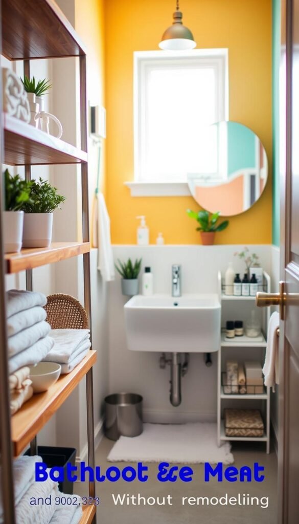 A beautifully organized bathroom scene showcasing innovative storage solutions in a small space. In the foreground, a stylish wooden shelf displays neatly arranged towels, toiletries, and decorative plants. In the middle, a modern sink area features sleek containers holding essential items, while a compact, organized vanity displays minimalistic skincare products. The background reveals vibrant wall colors and a hanging mirror reflecting the well-arranged decor. Soft, natural lighting pours in through a window, creating a serene and calming atmosphere. Capture this scene from an angled perspective, emphasizing depth and warmth. The overall mood should be inviting and functional, reflecting the essence of "GoodHomeFinds" with Pinterest-worthy aesthetics, showcasing bathroom routines that reduce mess without remodeling.