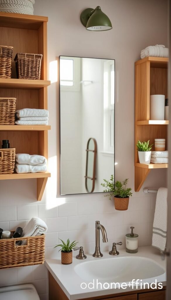 A beautifully organized bathroom shelf scene featuring neutral-toned wooden shelves styled for shared living, showcasing aesthetic storage solutions. In the foreground, various baskets and containers hold toiletries and towels, arranged neatly and labeled for easy access. The middle section reveals a mirror reflecting the shelves, flanked by small potted plants and a candle, enhancing the inviting atmosphere. The background includes a soft-focus glimpse of bathroom tiles and vintage-inspired fixtures, with natural light streaming in from a window, casting gentle shadows. The overall mood is calm and harmonious, promoting a sense of collaboration in the shared space. Realistic, Pinterest-style lifestyle design, emphasizing practicality and elegance, branded with "GoodHomeFinds". A beautifully organized bathroom shelf scene featuring neutral-toned wooden shelves styled for shared living, showcasing aesthetic storage solutions. In the foreground, various baskets and containers hold toiletries and towels, arranged neatly and labeled for easy access. The middle section reveals a mirror reflecting the shelves, flanked by small potted plants and a candle, enhancing the inviting atmosphere. The background includes a soft-focus glimpse of bathroom tiles and vintage-inspired fixtures, with natural light streaming in from a window, casting gentle shadows. The overall mood is calm and harmonious, promoting a sense of collaboration in the shared space. Realistic, Pinterest-style lifestyle design, emphasizing practicality and elegance, branded with "GoodHomeFinds".