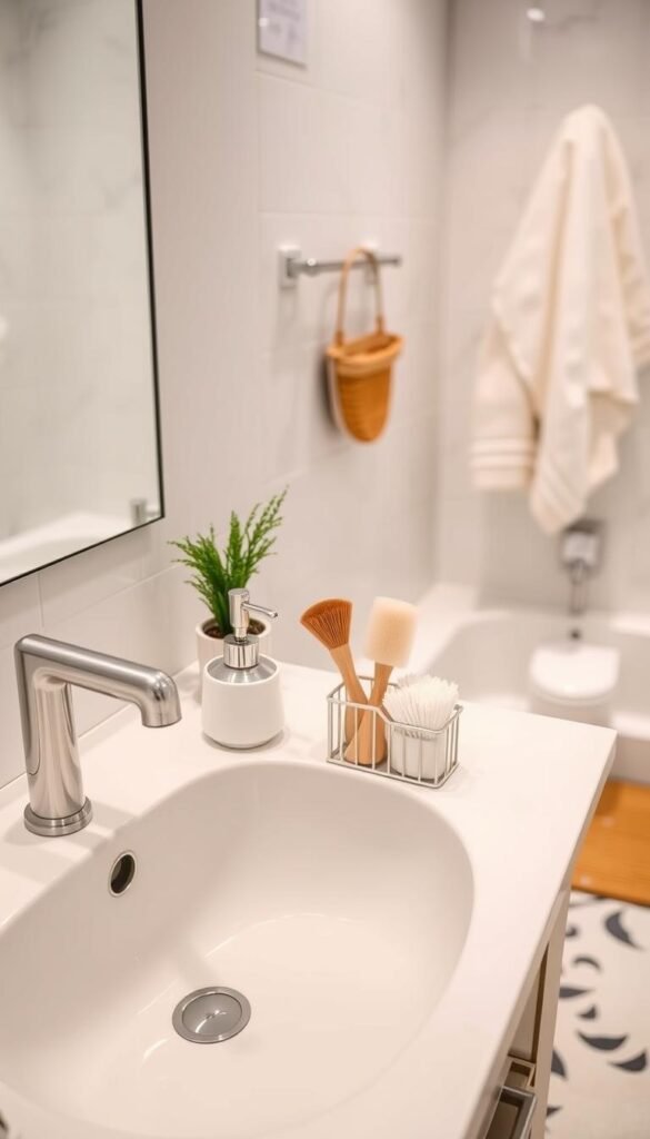 A beautifully organized bathroom showcasing essential cleaning and maintenance products from GoodHomeFinds. In the foreground, a sleek bathroom sink adorned with a stylish soap dispenser, a compact scrub brush, and a chic organizer holding cotton swabs and sponges. The middle ground features a neatly arranged countertop, with a bamboo bath mat and a small potted plant adding a touch of greenery. In the background, soft ambient lighting highlights elegant tiles and a neatly hung fluffy towel. The scene is bright and inviting, evoking a sense of cleanliness and tranquility. Shot with a soft focus lens and a slight overhead angle, creating a cozy Pinterest-style aesthetic perfect for lifestyle inspiration.