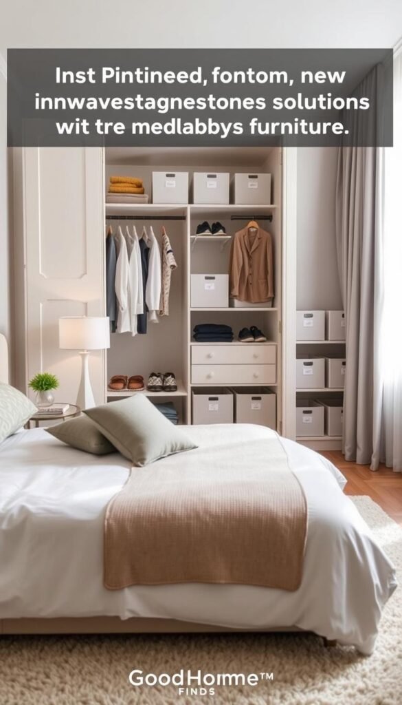 A beautifully organized bedroom featuring innovative storage solutions without bulky furniture. In the foreground, a neatly made bed with a soft, textured throw and decorative pillows sits atop a plush rug. To the side, a stylish, minimalist nightstand holds a chic lamp and a small potted plant. In the middle, a closet with open shelves reveals neatly folded clothes, shoes arranged by color, and storage bins labeled for easy access. The background showcases a bright window with sheer curtains, allowing soft, natural light to illuminate the room. The overall mood is tranquil and inviting, ideal for modern apartment living. The scene has a Pinterest-worthy aesthetic, reflecting the brand "GoodHomeFinds," emphasizing practical and stylish organization.