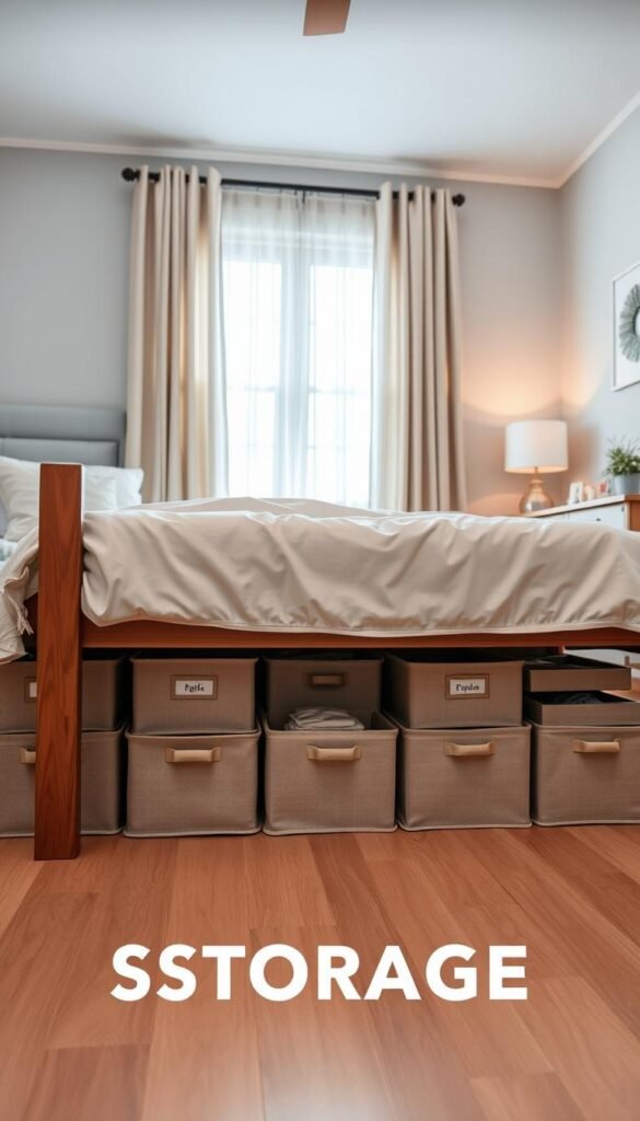 A beautifully organized bedroom featuring stylish under-bed storage solutions, showcasing multiple bins and boxes that fit neatly beneath a wooden bed frame. In the foreground, focus on a set of labeled fabric storage containers in soft neutral tones, expertly arranged to maximize space. The middle ground highlights the light hardwood floor, enhancing the cozy atmosphere. In the background, an inviting ambiance is created with soft, warm lighting filtering through sheer curtains, illuminating the serene decor of the room, including a minimalist bedside table and a tranquil wall color. The overall mood is calm and clutter-free, perfect for illustrating efficient use of under-bed storage by GoodHomeFinds, designed to keep floors clear and enhance bedroom tranquility. A beautifully organized bedroom featuring stylish under-bed storage solutions, showcasing multiple bins and boxes that fit neatly beneath a wooden bed frame. In the foreground, focus on a set of labeled fabric storage containers in soft neutral tones, expertly arranged to maximize space. The middle ground highlights the light hardwood floor, enhancing the cozy atmosphere. In the background, an inviting ambiance is created with soft, warm lighting filtering through sheer curtains, illuminating the serene decor of the room, including a minimalist bedside table and a tranquil wall color. The overall mood is calm and clutter-free, perfect for illustrating efficient use of under-bed storage by GoodHomeFinds, designed to keep floors clear and enhance bedroom tranquility.