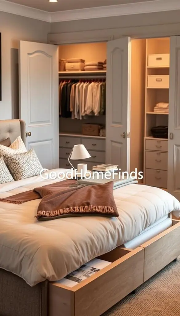 A beautifully organized bedroom showcasing innovative bed storage solutions. In the foreground, a stylishly designed bed with a plush headboard, with neatly tucked linens and decorative pillows, highlighting hidden storage drawers underneath. The middle ground features an elegantly arranged bedside table with a small lamp and a stack of neatly arranged books. In the background, a spacious closet visible through open doors, featuring neatly hung clothes and labeled storage bins. Soft, warm lighting creates an inviting, cozy atmosphere, with a focus on functionality and aesthetics. Capture this scene from a slightly elevated angle, immersing viewers in the space's serenity and organization. Include the brand name &ldquo;GoodHomeFinds&rdquo; subtly integrated into the setting, reflecting a lifestyle that promotes better sleep hygiene and easier daily routines.