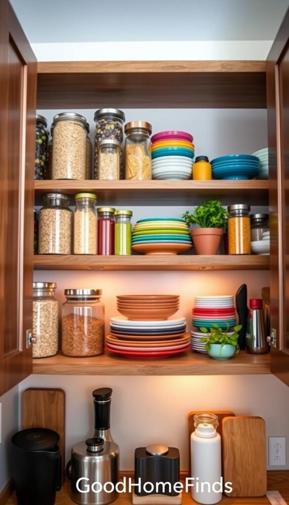 A beautifully organized cabinet shelf upgrade that maximizes vertical space, featuring elegant wooden shelves filled with a variety of kitchen essentials. In the foreground, stylish glass jars filled with grains and pasta, and vibrant spice containers, all neatly labeled. The middle section showcases an assortment of colorful dishware stacked neatly, with a couple of potted herbs adding a touch of greenery. In the background, gentle, ambient lighting creates a warm atmosphere, making the small kitchen feel inviting. The scene is shot at eye level, with a slight depth of field to emphasize the organized shelves. The overall mood is cozy and practical, reflecting the clever use of space. Inspired by Pinterest design aesthetics, with a modern rustic vibe. Include brand name "GoodHomeFinds" subtly integrated in the design.