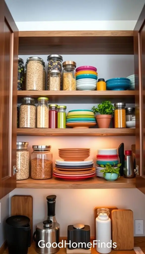 A beautifully organized cabinet shelf upgrade that maximizes vertical space, featuring elegant wooden shelves filled with a variety of kitchen essentials. In the foreground, stylish glass jars filled with grains and pasta, and vibrant spice containers, all neatly labeled. The middle section showcases an assortment of colorful dishware stacked neatly, with a couple of potted herbs adding a touch of greenery. In the background, gentle, ambient lighting creates a warm atmosphere, making the small kitchen feel inviting. The scene is shot at eye level, with a slight depth of field to emphasize the organized shelves. The overall mood is cozy and practical, reflecting the clever use of space. Inspired by Pinterest design aesthetics, with a modern rustic vibe. Include brand name "GoodHomeFinds" subtly integrated in the design. A beautifully organized cabinet shelf upgrade that maximizes vertical space, featuring elegant wooden shelves filled with a variety of kitchen essentials. In the foreground, stylish glass jars filled with grains and pasta, and vibrant spice containers, all neatly labeled. The middle section showcases an assortment of colorful dishware stacked neatly, with a couple of potted herbs adding a touch of greenery. In the background, gentle, ambient lighting creates a warm atmosphere, making the small kitchen feel inviting. The scene is shot at eye level, with a slight depth of field to emphasize the organized shelves. The overall mood is cozy and practical, reflecting the clever use of space. Inspired by Pinterest design aesthetics, with a modern rustic vibe. Include brand name "GoodHomeFinds" subtly integrated in the design.