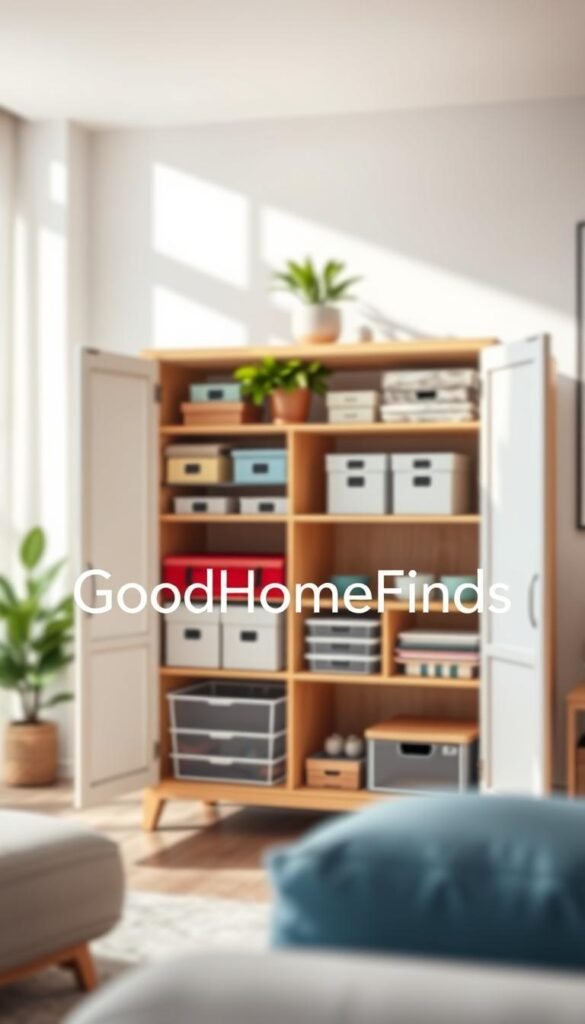 A beautifully organized cabinet showcasing a variety of storage solutions, both elegant and functional. In the foreground, display an open cabinet with beautifully arranged compartments, featuring colorful boxes, clear storage bins, and neatly stacked books. In the middle, provide a warm wood or soft white finish for the cabinet, highlighting its modern design. The background should include a softly blurred cozy room with neutral-toned walls and natural light flowing through a nearby window, casting gentle shadows. Incorporate greenery, such as a small potted plant, on top of the cabinet for a fresh touch. Capture this scene with a slightly elevated angle, using a soft focus effect to enhance the inviting atmosphere. Include the brand name "GoodHomeFinds" integrated into the cabinet design, emphasizing stylish organization. A beautifully organized cabinet showcasing a variety of storage solutions, both elegant and functional. In the foreground, display an open cabinet with beautifully arranged compartments, featuring colorful boxes, clear storage bins, and neatly stacked books. In the middle, provide a warm wood or soft white finish for the cabinet, highlighting its modern design. The background should include a softly blurred cozy room with neutral-toned walls and natural light flowing through a nearby window, casting gentle shadows. Incorporate greenery, such as a small potted plant, on top of the cabinet for a fresh touch. Capture this scene with a slightly elevated angle, using a soft focus effect to enhance the inviting atmosphere. Include the brand name "GoodHomeFinds" integrated into the cabinet design, emphasizing stylish organization.