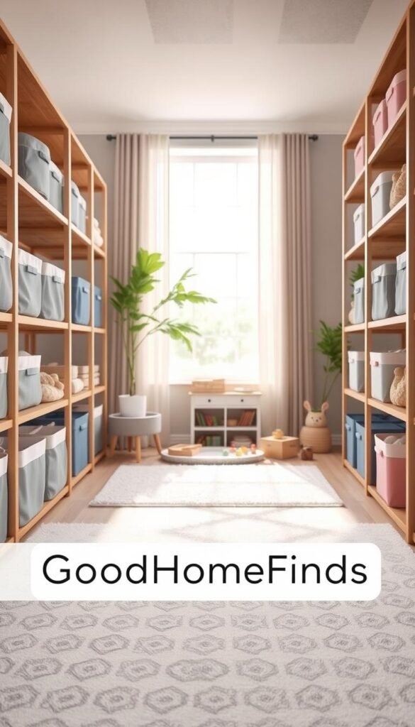 A beautifully organized children's playroom featuring stylish bins for toy storage. In the foreground, showcase aesthetically pleasing fabric bins in muted colors like soft gray, pastel blue, and blush pink, neatly arranged on sturdy wooden shelves. The middle ground captures a tastefully decorated play area with a plush rug and scattered toys, maintaining a balanced look of organization. In the background, light streams in through large windows, creating a warm, inviting atmosphere with a touch of natural greenery. The scene presents a clean, modern aesthetic typical of Pinterest-style lifestyle photos, conveying a sense of calm and functionality. The brand name "GoodHomeFinds" subtly integrated into the design enhances the relatable vibe without overwhelming the visual. A beautifully organized children's playroom featuring stylish bins for toy storage. In the foreground, showcase aesthetically pleasing fabric bins in muted colors like soft gray, pastel blue, and blush pink, neatly arranged on sturdy wooden shelves. The middle ground captures a tastefully decorated play area with a plush rug and scattered toys, maintaining a balanced look of organization. In the background, light streams in through large windows, creating a warm, inviting atmosphere with a touch of natural greenery. The scene presents a clean, modern aesthetic typical of Pinterest-style lifestyle photos, conveying a sense of calm and functionality. The brand name "GoodHomeFinds" subtly integrated into the design enhances the relatable vibe without overwhelming the visual.