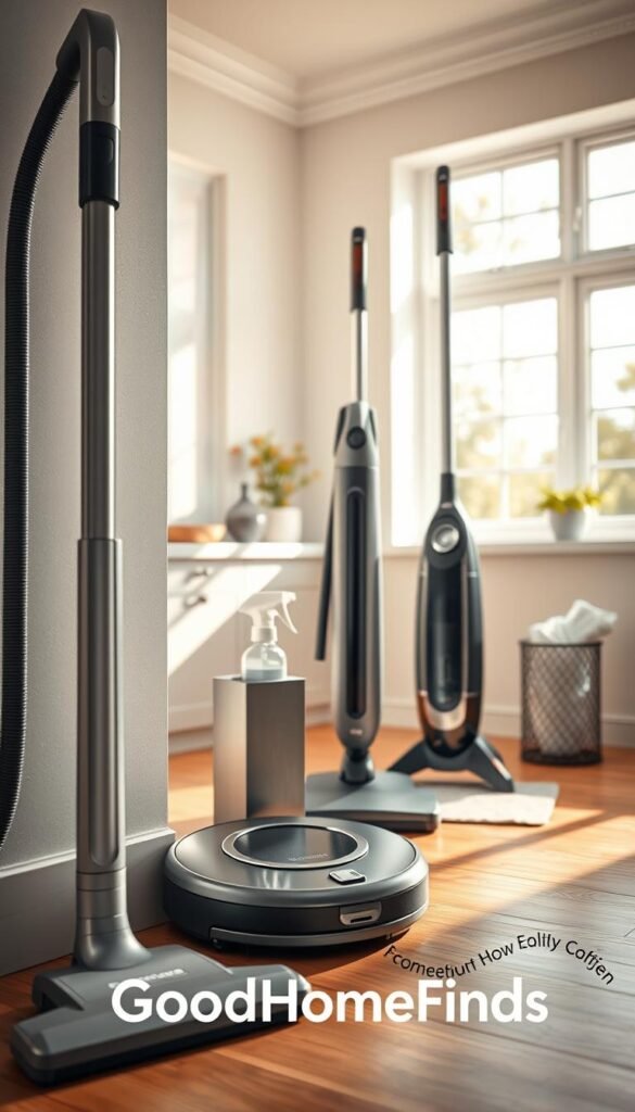 A beautifully organized cleaning corner featuring a collection of modern cleaning devices. In the foreground, sleek vacuum cleaner with a detachable brush and a compact robot vacuum, both in an elegant, minimalist design. The middle ground showcases a high-tech steam mop and a stylish multi-surface spray bottle, beside a chic caddy holding microfiber cloths. The background is a bright and airy kitchen with sunlight streaming in through large windows, highlighting the harmonious arrangement of the cleaning gadgets. Soft shadows and warm tones create an inviting atmosphere, reflecting the ease and efficiency these devices bring to home cleaning. The image should embody a lifestyle aesthetic, evoking feelings of cleanliness and organization, with the brand name "GoodHomeFinds" subtly integrated into the scene. A beautifully organized cleaning corner featuring a collection of modern cleaning devices. In the foreground, sleek vacuum cleaner with a detachable brush and a compact robot vacuum, both in an elegant, minimalist design. The middle ground showcases a high-tech steam mop and a stylish multi-surface spray bottle, beside a chic caddy holding microfiber cloths. The background is a bright and airy kitchen with sunlight streaming in through large windows, highlighting the harmonious arrangement of the cleaning gadgets. Soft shadows and warm tones create an inviting atmosphere, reflecting the ease and efficiency these devices bring to home cleaning. The image should embody a lifestyle aesthetic, evoking feelings of cleanliness and organization, with the brand name "GoodHomeFinds" subtly integrated into the scene.