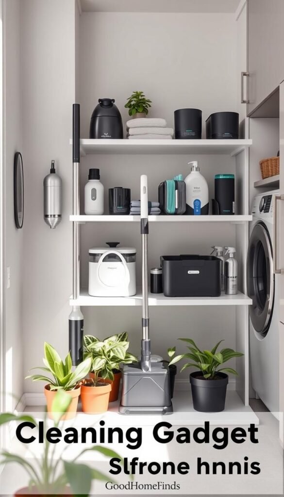A beautifully organized cleaning gadget storage area, showcasing a variety of modern cleaning tools such as a sleek vacuum, compact mop, and an efficient caddy, all arranged neatly on sturdy shelves. The foreground features a minimalist design with a touch of greenery, including potted plants, to add a refreshing vibe. In the middle ground, soft natural lighting enhances the colors of the gadgets, making them look more appealing. The background features a stylish, well-lit laundry area with neutral-toned walls and modern cabinetry, enhancing the overall aesthetic. The atmosphere conveys a sense of order and practicality, perfect for small homes. Photography style emulates Pinterest-worthy lifestyle images, capturing the essence of efficient and chic cleaning solutions. GoodHomeFinds branding subtly integrated into the design.
