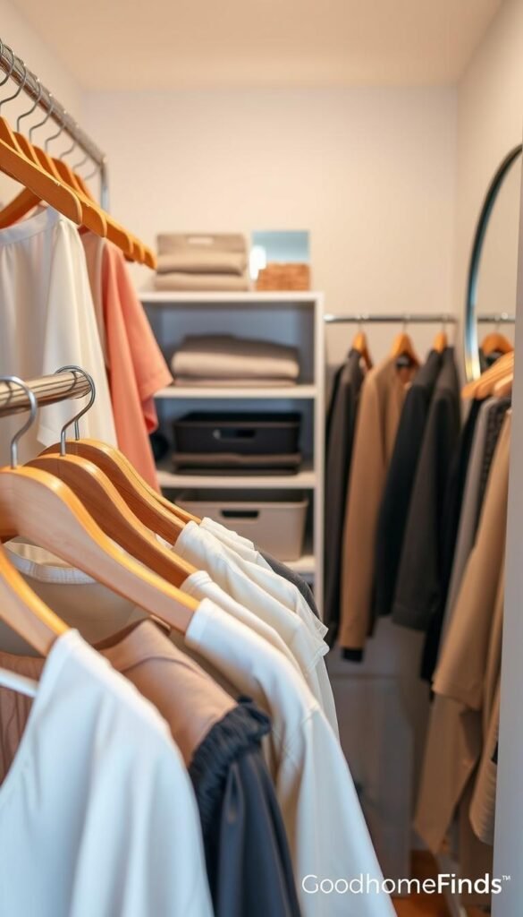 A beautifully organized closet displaying smart hanging space solutions. In the foreground, there are neatly arranged clothes on wooden hangers, showcasing a variety of colors and textures, such as blouses, dresses, and suits, all hanging stylishly. The middle ground features a sleek shelf with bins and folded items that create additional storage without clutter. The background reveals a soft ambient light filtering in, illuminating the closet space and highlighting a chic mirror that reflects the organized setup. The overall atmosphere is serene and inviting, suggesting an efficient yet aesthetically pleasing design. Capture this scene in a high angle, showcasing depth and detail, with a warm and welcoming color palette. Inspired by Pinterest aesthetics, from the brand GoodHomeFinds.