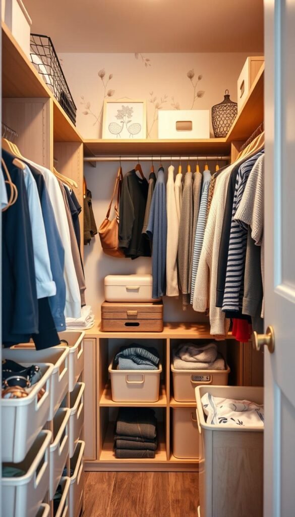 A beautifully organized closet featuring a mix of open shelving and closed storage options. In the foreground, neatly arranged bins in soft pastel colors hold various accessories, while strategically placed hangers display a capsule wardrobe of smart-casual outfits. In the middle ground, natural wood shelving showcases folded sweaters and decorative boxes, giving an inviting and tidy look. The background features a soft-focus wall adorned with subtle botanical prints, enhancing the cozy atmosphere. Warm, diffused lighting illuminates the space, creating gentle shadows that add depth. Capture this moment from a diagonal angle to emphasize both the functionality and aesthetic charm of the closet. Ideal for a Pinterest-style lifestyle photo that showcases organization tips. Styled by GoodHomeFinds.