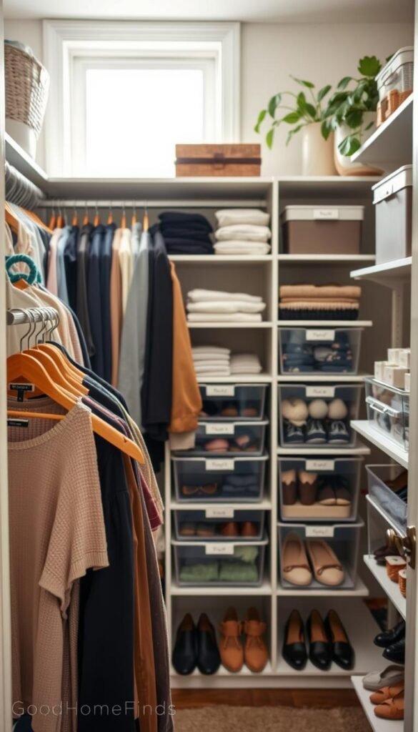 A beautifully organized closet featuring a variety of clever closet organizing solutions, including labeled baskets and shelves filled with neatly folded clothing. In the foreground, show a stylish display of color-coordinated outfits hanging on sleek wooden hangers, while in the middle, showcase smart storage options such as clear bins and dividers categorizing accessories and shoes. In the background, a soft, natural light filters through a nearby window, creating a warm and inviting atmosphere. The scene evokes a sense of peace and order, prioritizing efficiency and utility. The overall aesthetic should be modern and chic, reminiscent of Pinterest lifestyle photos, with touches of greenery to add freshness. Include elements representing “GoodHomeFinds” subtly within the decor, ensuring there are no text or watermarks present. A beautifully organized closet featuring a variety of clever closet organizing solutions, including labeled baskets and shelves filled with neatly folded clothing. In the foreground, show a stylish display of color-coordinated outfits hanging on sleek wooden hangers, while in the middle, showcase smart storage options such as clear bins and dividers categorizing accessories and shoes. In the background, a soft, natural light filters through a nearby window, creating a warm and inviting atmosphere. The scene evokes a sense of peace and order, prioritizing efficiency and utility. The overall aesthetic should be modern and chic, reminiscent of Pinterest lifestyle photos, with touches of greenery to add freshness. Include elements representing “GoodHomeFinds” subtly within the decor, ensuring there are no text or watermarks present.