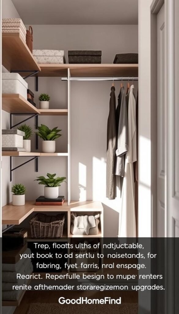 A beautifully organized closet featuring no-drill storage solutions such as floating shelves, adjustable rods, and fabric dividers, all in a neutral color palette. In the foreground, the shelves are adorned with neatly folded clothes, decorative boxes, and potted plants for a touch of greenery. The middle layer showcases a clothing rod with elegantly hung garments creating an inviting atmosphere. In the background, soft lighting from a window illuminates the closet, casting gentle shadows and enhancing the textures of the materials. A serene and stylish mood is conveyed, with attention to detail and design to inspire renters seeking functional storage upgrades. Capturing the essence of modern organization, the brand name "GoodHomeFinds" is subtly integrated into the design.
