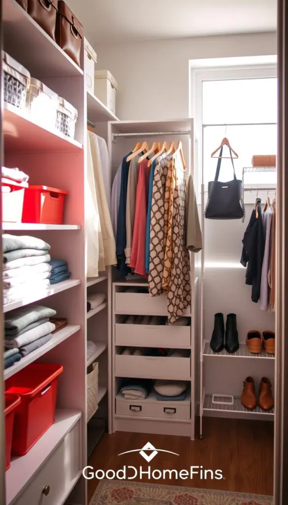 A beautifully organized closet featuring renter-friendly storage solutions, styled in a cozy, modern apartment. In the foreground, visible shelves hold neatly folded clothes and vibrant storage bins under $25. The middle section showcases modular hanging systems with coordinated hangers, maximizing vertical space. The background reveals stylishly arranged accessories, like bags and shoes on minimalist racks. Soft, natural lighting filters through a window, casting gentle shadows, creating an inviting atmosphere. Shot from a slightly angled perspective to emphasize depth, capturing the essence of practical yet aesthetic closet storage. The overall mood is fresh and inspiring, perfect for motivating renters to implement thoughtful upgrades. Logo for "GoodHomeFinds" subtly integrated into the design, enhancing the visual appeal without text or distractions.