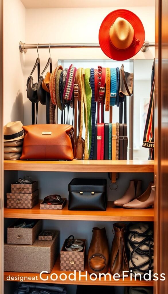 A beautifully organized closet featuring thoughtfully arranged accessories and bags. In the foreground, showcase an elegant wooden shelf with neatly stacked handbags in various materials and colors, alongside stylish boxes containing small items like jewelry and scarves. The middle layer encompasses a hanging rod displaying an array of colorful belts and hats, adding pops of color to the scene. In the background, a soft-lit mirror reflects the accessories, enhancing the aesthetic. Use warm, natural lighting to create a cozy atmosphere, capturing the essence of a stylish, functional closet. The image should evoke a sense of inspiration for smart storage solutions, resembling a Pinterest-worthy lifestyle photo. Designed for "GoodHomeFinds."