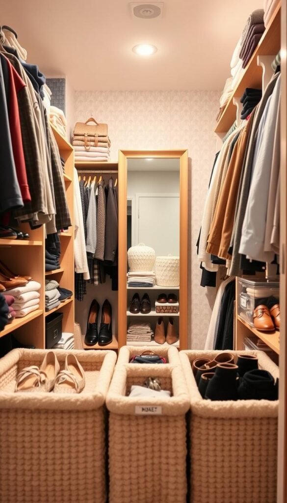A beautifully organized closet filled with neatly folded clothes, seasonal shoes arranged on a wooden shoe rack, and stylish accessories displayed in clear containers. The closet has a soft, warm light illuminating the space, creating an inviting mood. In the foreground, there are plush baskets labeled with different categories for easy access, while the middle ground showcases a chic full-length mirror reflecting the tidy arrangement. The background features a subtle wallpaper design that adds character without distraction. Capture this scene with a slightly elevated angle, emphasizing the spaciousness and organization of the closet. The overall atmosphere should convey serenity and clarity, perfect for inspiring a clutter-free lifestyle. Style the image to reflect a modern interior with a touch of elegance, adhering to the aesthetic of GoodHomeFinds.