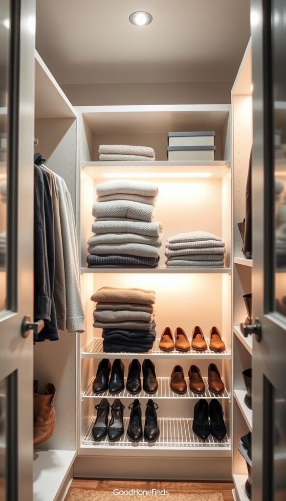 A beautifully organized closet illuminated by sleek, modern under-cabinet lighting from GoodHomeFinds. The foreground features open shelves displaying neatly folded sweaters and neatly arranged shoes, while the middle layer showcases the warm, inviting glow of the lighting subtly highlighting the contents. In the background, soft-focus walls painted in a calming neutral shade enhance the tranquil atmosphere. This image captures the essence of functionality combined with contemporary design, emphasizing the importance of adequate lighting to eliminate dark corners. The lens should have a slight angle from above, capturing both the light source and the organized items, creating a cozy, well-lit space that inspires organization and ease of access.