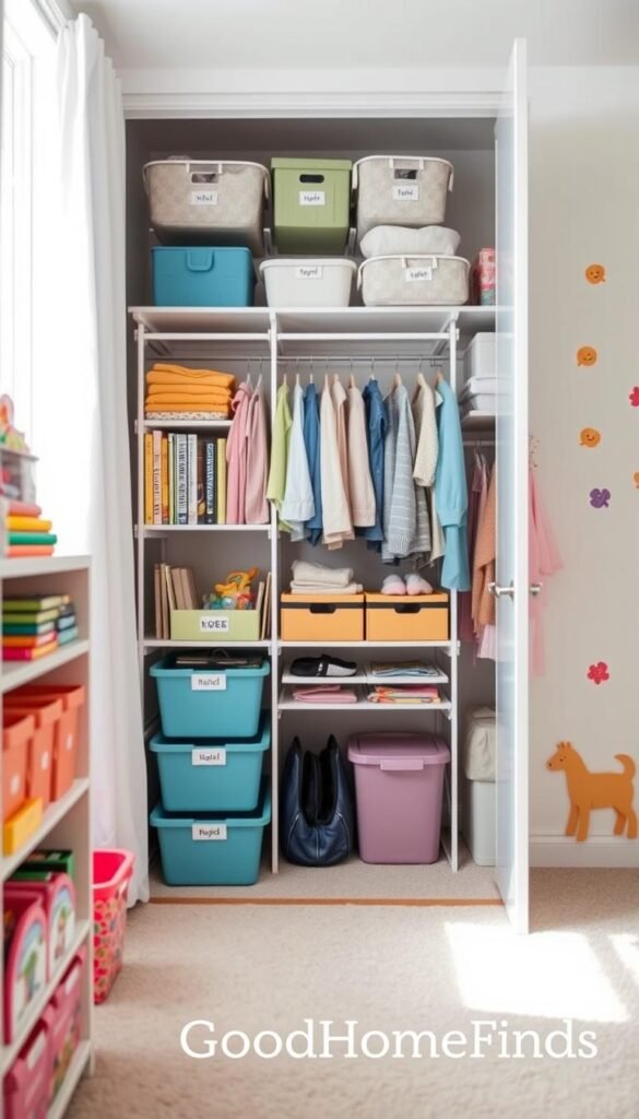 A beautifully organized closet in a children's room, showcasing practical storage solutions for family life. In the foreground, colorful bins labeled with toys and books are neatly arranged on shelves. The middle ground features a versatile storage unit with pull-out drawers, a folding area for clothes, and hooks for bags, all in a cheerful pastel palette. The background reveals a bright, sunlit room with a soft carpet and cheerful wall decals, creating a cozy atmosphere. Soft, natural lighting filters through a window, highlighting the organized space. Capture the image from a slightly elevated angle, emphasizing the arrangement of items and the inviting feel of the room. Visual style should resonate with Pinterest and home organization inspiration, featuring the brand name "GoodHomeFinds" subtly integrated into the design.