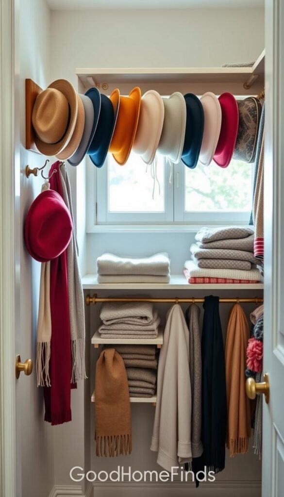 A beautifully organized closet scene featuring a stylish storage solution for hats and scarves. In the foreground, a wooden wall-mounted rack with an array of colorful hats and neatly arranged scarves draped over elegant hooks. The middle ground showcases a neatly folded shelf with a collection of coordinating accessories, such as gloves and beanies, in soft tones. The background reveals a bright, airy closet space with soft, diffused natural light filtering in from a nearby window, illuminating the textures of the fabrics and natural wood accents. The atmosphere is warm and inviting, perfect for showcasing efficient storage ideas. The entire scene reflects a Pinterest-style lifestyle aesthetic, emphasizing the brand "GoodHomeFinds" through curated organization and style. A beautifully organized closet scene featuring a stylish storage solution for hats and scarves. In the foreground, a wooden wall-mounted rack with an array of colorful hats and neatly arranged scarves draped over elegant hooks. The middle ground showcases a neatly folded shelf with a collection of coordinating accessories, such as gloves and beanies, in soft tones. The background reveals a bright, airy closet space with soft, diffused natural light filtering in from a nearby window, illuminating the textures of the fabrics and natural wood accents. The atmosphere is warm and inviting, perfect for showcasing efficient storage ideas. The entire scene reflects a Pinterest-style lifestyle aesthetic, emphasizing the brand "GoodHomeFinds" through curated organization and style.