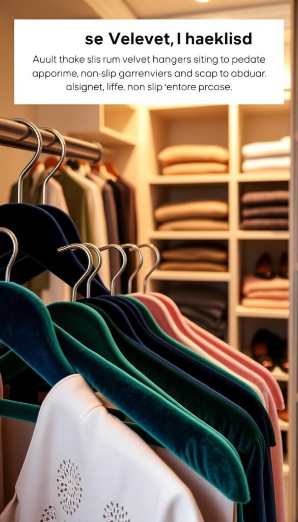 A beautifully organized closet showcasing an array of slim velvet hangers in an elegant, minimalist setting. The foreground features several hangers in rich colors like deep navy, emerald green, and soft blush, all designed with a non-slip texture to keep garments secure. In the middle, neatly hung clothes drape gracefully on the hangers, highlighting their sleek contours. The background shows a soft-focus view of additional closet space, filled with neatly folded sweaters and shoes, exuding a sense of abundance and organization. The lighting is warm and inviting, casting gentle shadows that enhance the texture of the hangers. Shot from a slightly elevated angle to convey depth and spaciousness, the overall mood reflects luxury and efficient use of space, perfect for modern living. GoodHomeFinds. A beautifully organized closet showcasing an array of slim velvet hangers in an elegant, minimalist setting. The foreground features several hangers in rich colors like deep navy, emerald green, and soft blush, all designed with a non-slip texture to keep garments secure. In the middle, neatly hung clothes drape gracefully on the hangers, highlighting their sleek contours. The background shows a soft-focus view of additional closet space, filled with neatly folded sweaters and shoes, exuding a sense of abundance and organization. The lighting is warm and inviting, casting gentle shadows that enhance the texture of the hangers. Shot from a slightly elevated angle to convey depth and spaciousness, the overall mood reflects luxury and efficient use of space, perfect for modern living. GoodHomeFinds.