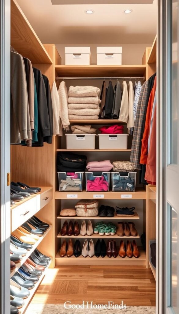 A beautifully organized closet showcasing effective storage solutions for 2026. In the foreground, a stylish shoe rack with a variety of shoes arranged by color and style, complemented by neatly folded sweaters on smooth, wooden shelves. The middle layer features labeled bins for accessories, with a vibrant array of scarves and handbags elegantly displayed. The background reveals an inviting atmosphere, with soft, natural light filtering through a window, highlighting the warm wood tones and pastel colors of the closet. An airy and spacious feel is conveyed through an open design. The overall mood is inspiring and organized, resembling a high-end Pinterest lifestyle photo, branded with "GoodHomeFinds." A beautifully organized closet showcasing effective storage solutions for 2026. In the foreground, a stylish shoe rack with a variety of shoes arranged by color and style, complemented by neatly folded sweaters on smooth, wooden shelves. The middle layer features labeled bins for accessories, with a vibrant array of scarves and handbags elegantly displayed. The background reveals an inviting atmosphere, with soft, natural light filtering through a window, highlighting the warm wood tones and pastel colors of the closet. An airy and spacious feel is conveyed through an open design. The overall mood is inspiring and organized, resembling a high-end Pinterest lifestyle photo, branded with "GoodHomeFinds."