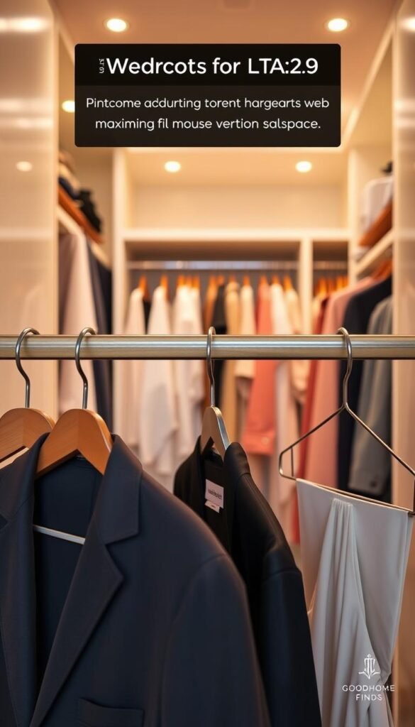 A beautifully organized closet showcasing various hangers designed for maximizing hanging space. In the foreground, a selection of elegant wooden and sleek metal hangers is neatly arranged, each displaying a different stylish garment, such as a tailored blazer and a flowing dress. The middle layer features a spacious, well-lit closet filled with a variety of clothing items hung thoughtfully to optimize space, emphasizing vertical storage solutions. In the background, soft ambient lighting gives a warm and inviting glow to the closet, enhancing the colors of the garments. The scene embodies a modern, Pinterest-style aesthetic, with a clean and minimalist design to evoke organization and tranquility. The brand "GoodHomeFinds" subtly integrated in the scene through stylish labels on the hangers, conveying a sense of sophistication and practicality.