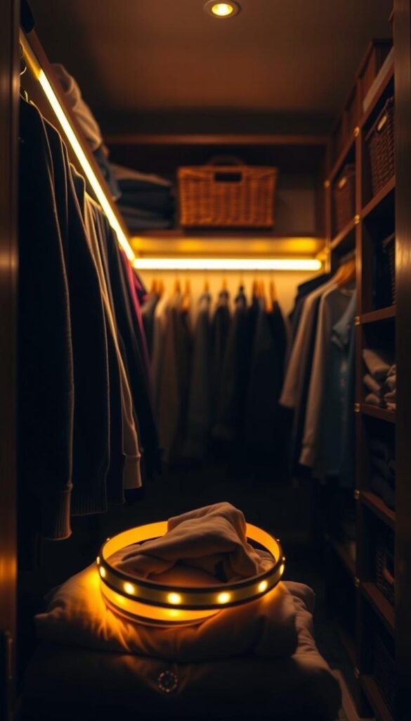 A beautifully organized dark closet featuring smart lighting solutions, showcasing innovative battery-operated LED strip lights and motion-sensor lights accentuating the clothes and accessories. In the foreground, a close-up of the warm glow of the lights illuminating neatly folded sweaters and hanging shirts, creating a cozy atmosphere. In the middle, the glowing lighting elements softly highlight dark corners, enhancing the functionality of the space. The background reveals shelves filled with neatly arranged baskets, adding a touch of texture. The overall mood is inviting and practical, emphasizing organization and efficiency. Use a shallow depth of field to focus on the lighting while slightly blurring the background. Shot with natural light, creating a serene ambiance, perfect for a Pinterest-style lifestyle photo. GoodHomeFinds.