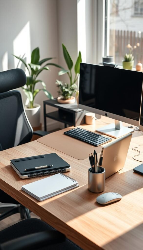 A beautifully organized desk area ideal for a tech setup, featuring a sleek, modern desk in natural wood, complemented by a comfortable ergonomic chair. In the foreground, showcase neatly arranged office supplies such as a stylish pen holder, notebooks, and a laptop with a minimalist design. The middle ground reveals a high-quality monitor on a monitor stand, a wireless keyboard, and a mouse, all exuding a contemporary vibe. Soft, natural lighting filters in from a nearby window, casting gentle shadows, while plants and decorative elements add a touch of greenery in the background. This peaceful workspace embodies inspiration and productivity, inviting users to plan their ideal desk setup. No text or branding visible except for the subtle inclusion of "GoodHomeFinds" on the desk accessories. A beautifully organized desk area ideal for a tech setup, featuring a sleek, modern desk in natural wood, complemented by a comfortable ergonomic chair. In the foreground, showcase neatly arranged office supplies such as a stylish pen holder, notebooks, and a laptop with a minimalist design. The middle ground reveals a high-quality monitor on a monitor stand, a wireless keyboard, and a mouse, all exuding a contemporary vibe. Soft, natural lighting filters in from a nearby window, casting gentle shadows, while plants and decorative elements add a touch of greenery in the background. This peaceful workspace embodies inspiration and productivity, inviting users to plan their ideal desk setup. No text or branding visible except for the subtle inclusion of "GoodHomeFinds" on the desk accessories.