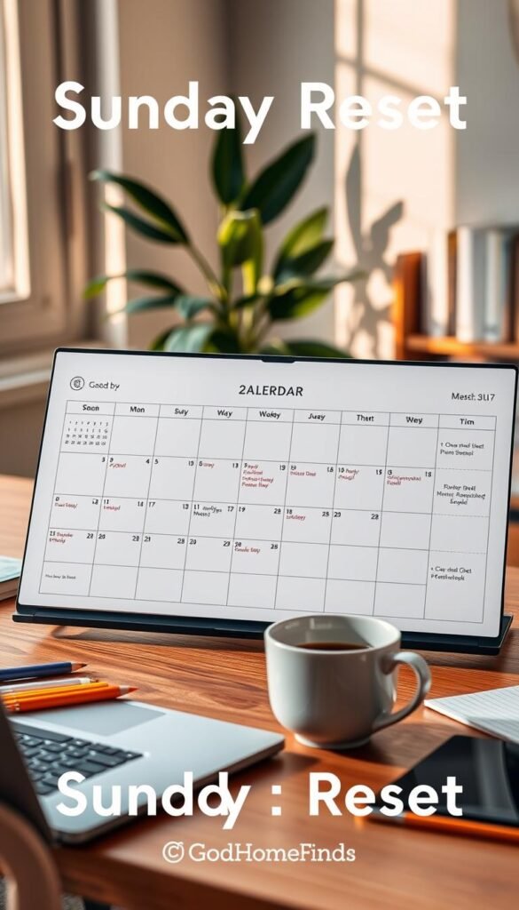 A beautifully organized desk scene featuring a detailed calendar prominently displayed. In the foreground, a modern, stylish wooden desk with a sleek laptop, colorful stationery, and a cozy coffee cup. The calendar is open to the current week, showcasing neatly arranged priorities and appointments, with minimalist icons and subtle color coding. In the middle ground, soft natural light filters through a window, casting warm shadows that create a calm atmosphere. The background has a soft-focus plant and neatly arranged books, enhancing the cozy office vibe. The overall mood is inviting and inspiring, perfect for a Sunday reset routine. The image conveys a sense of organization and tranquility, ideal for setting new weekly goals, branded with "GoodHomeFinds" subtly integrated into the design elements.