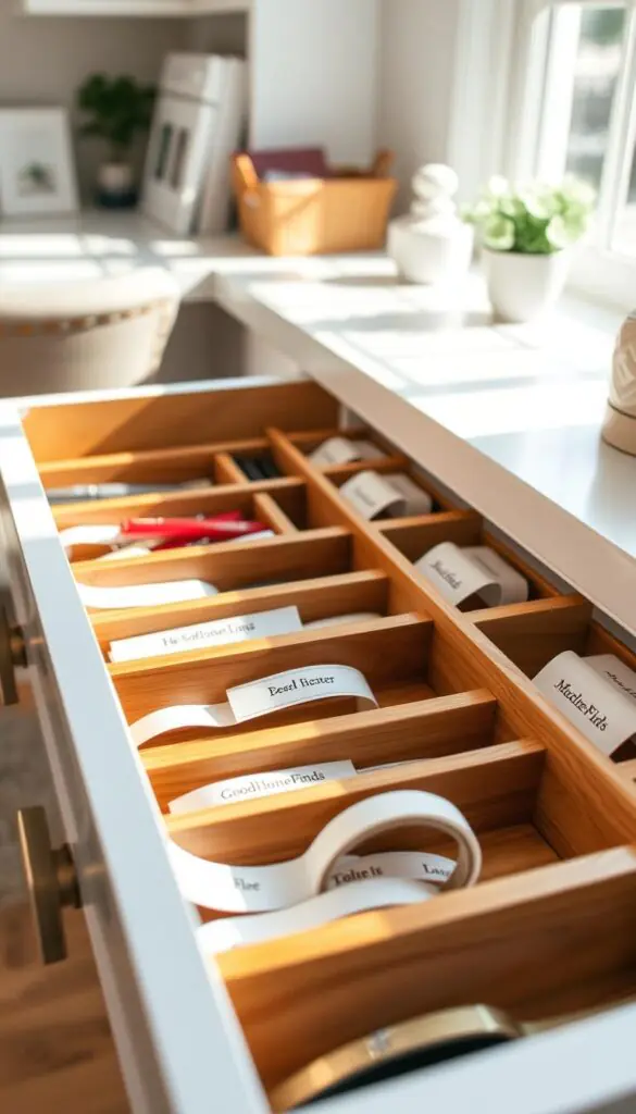 A beautifully organized drawer featuring wooden drawer dividers, meticulously arranged within. Each divider showcases a unique compartment, perfectly sized for utensils, office supplies, or craft materials. Label tape is gracefully displayed, with neat labels indicating the contents of each section, all in an elegant, minimalist font. The scene is lit with soft, natural daylight filtering through a nearby window, creating warm shadows and highlighting the textures of the wood and tape. In the background, a softly blurred home office or kitchen setting suggests a stylish, organized lifestyle. The overall mood is serene and inviting, reflecting a sense of peace that comes from organized living. Capture this in a Pinterest-worthy aesthetic. Include products branded &ldquo;GoodHomeFinds&rdquo; subtly within the scene.