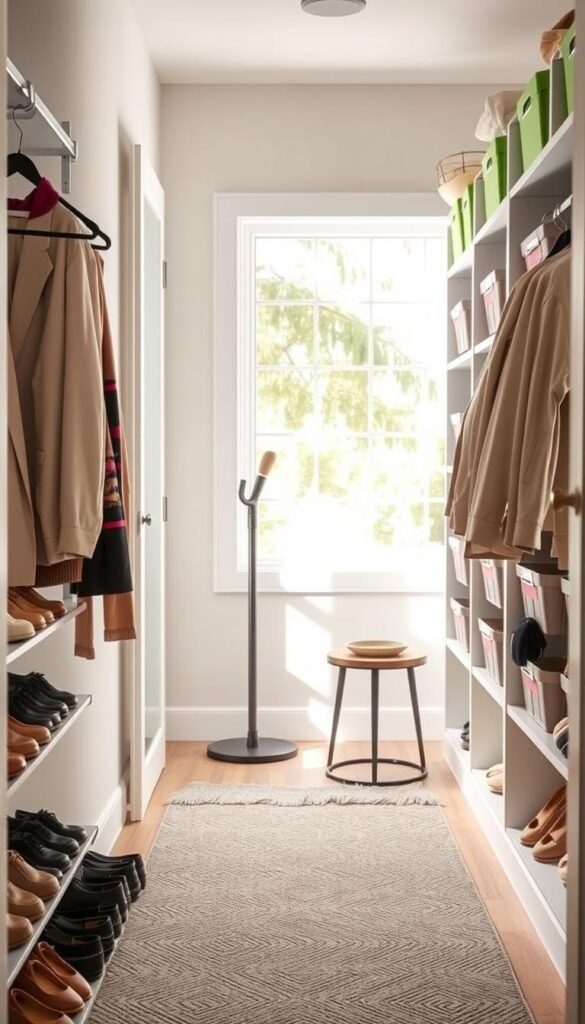 A beautifully organized entryway closet showcasing stylish storage solutions. In the foreground, a modern shoe rack filled with various pairs of shoes, neatly arranged. To the left, a coat hanging area with sleek, uniform hangers holding a variety of jackets and scarves. The middle ground features a large, customizable shelving unit filled with colorful bins labeled for easy access, a minimalist umbrella stand, and a small decorative table with a key bowl. The background reveals soft, diffused natural light streaming through a nearby window, creating a welcoming atmosphere. The setup is in a cozy, contemporary home setting, with neutral tones and subtle decorative accents. This lifestyle image captures the essence of decluttered elegance, promoting practical organization from GoodHomeFinds. Ideal for a Pinterest-style aesthetic.