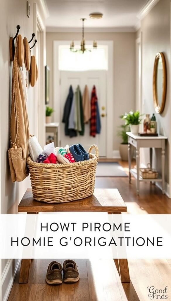 A beautifully organized entryway featuring a rustic woven basket as the focal point, situated on a wooden bench. The basket overflowed with colorful children's shoes and seasonal items, arranged thoughtfully to enhance accessibility. Flanking the bench, there are stylish hooks with coats and hats hanging neatly. In the background, a bright, welcoming hallway is illuminated by soft, natural light pouring in through a large window, creating a warm and inviting atmosphere. The room is adorned with subtle decor elements like a potted plant and a vintage mirror, all styled to evoke a Pinterest-worthy lifestyle. Captured from a slightly elevated angle, the composition invites viewers into this functional yet aesthetically pleasing space. This image embodies the spirit of practical home organization. GoodHomeFinds.