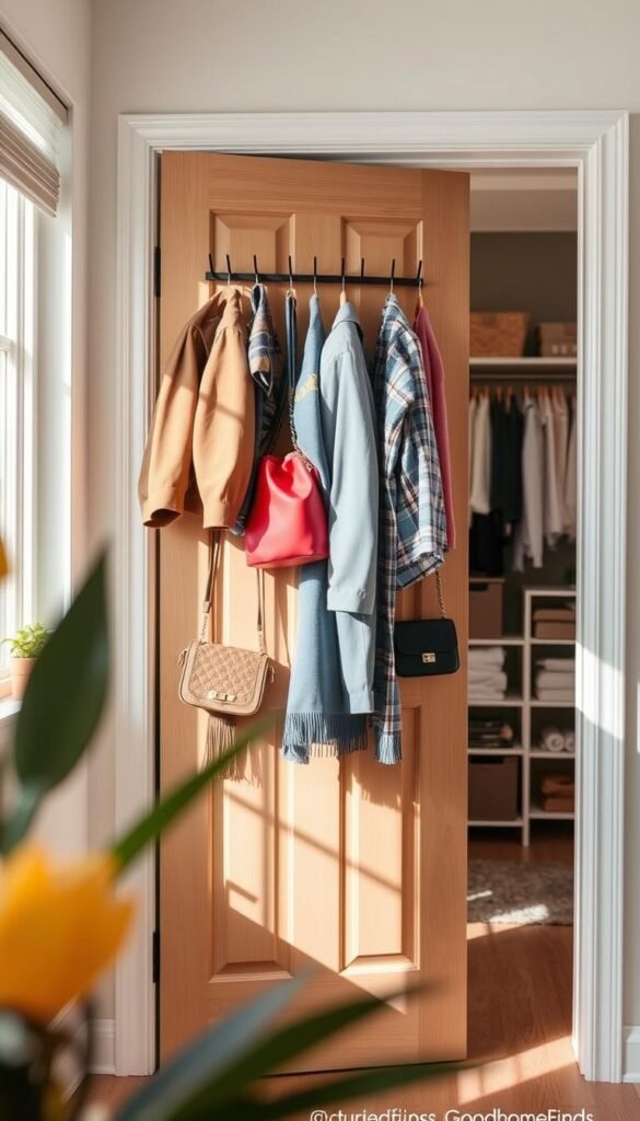 A beautifully organized entryway featuring a stylish door hanging rack from "GoodHomeFinds". In the foreground, the rack is adorned with chic, colorful outfit pieces like jackets, bags, and scarves, neatly arranged for easy access. The middle ground highlights the wooden door, painted in a soft pastel color, enhancing the cozy atmosphere. Natural light streams in from a nearby window, casting gentle shadows and creating a warm, inviting mood. In the background, a glimpse of a well-organized closet with neatly folded clothes and a few potted plants adds a touch of life to the scene. The image captures a Pinterest-inspired lifestyle aesthetic, showcasing functionality and style in home organization. The angle is slightly elevated, emphasizing the rack and its contents, creating an inspirational outfit-planning zone. A beautifully organized entryway featuring a stylish door hanging rack from "GoodHomeFinds". In the foreground, the rack is adorned with chic, colorful outfit pieces like jackets, bags, and scarves, neatly arranged for easy access. The middle ground highlights the wooden door, painted in a soft pastel color, enhancing the cozy atmosphere. Natural light streams in from a nearby window, casting gentle shadows and creating a warm, inviting mood. In the background, a glimpse of a well-organized closet with neatly folded clothes and a few potted plants adds a touch of life to the scene. The image captures a Pinterest-inspired lifestyle aesthetic, showcasing functionality and style in home organization. The angle is slightly elevated, emphasizing the rack and its contents, creating an inspirational outfit-planning zone.