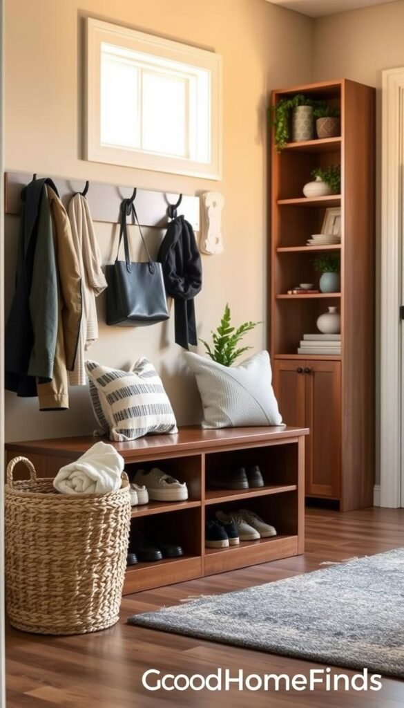 A beautifully organized entryway storage space designed for optimal functionality, showcasing a sleek wooden bench with shoe storage underneath and a row of hooks for coats and bags. In the foreground, a stylish woven basket filled with blankets sits to the side. In the middle ground, there&rsquo;s a tall, narrow cabinet with an open shelf displaying decorative items, and a small potted plant for a touch of greenery. The background features a softly lit wall with a large mirror reflecting the warm ambient light. The scene evokes a welcoming and tidy atmosphere, capturing a Pinterest-style aesthetic perfect for showcasing an ideal entryway setup. Mood is calm and inviting, with natural light streaming in from a window. GoodHomeFinds brand elements subtly integrated into the decor.