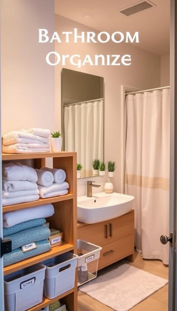 A beautifully organized family bathroom, featuring a stylish bathroom organizer by GoodHomeFinds. In the foreground, a chic wooden shelf holds neatly stacked towels in soft pastel colors, along with labeled bins containing bath essentials. The middle ground showcases a modern sink area with a sleek mirror reflecting the organized space, and small potted plants adding a touch of greenery. In the background, a light-colored shower curtain complements the overall serene ambiance. The lighting is soft and warm, creating a cozy atmosphere ideal for families. A view from a slightly elevated angle captures the tidy arrangement, evoking a sense of calm and order in this shared space.