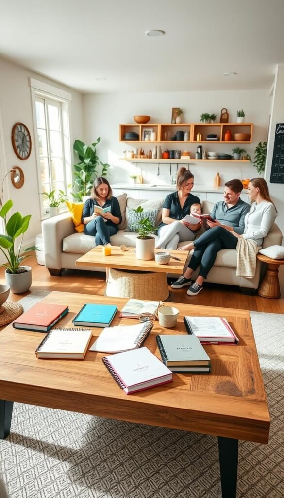 A beautifully organized family home base featuring a cozy, well-lit living room with a spacious layout. In the foreground, a stylish wooden coffee table is neatly arranged with family journals and colorful planners, surrounded by comfortable, modestly dressed family members engaged in light activities like reading and discussing plans. The middle captures an inviting sectional sofa adorned with cheerful cushions, framed by leafy plants that add a touch of warmth. The background shows a bright kitchen area with open shelves, showcasing neatly organized kitchenware and a chalkboard family calendar on the wall. Soft, natural light floods the space through large windows, creating a welcoming atmosphere that emphasizes family bonding and collaboration. The scene embodies the essence of "GoodHomeFinds," reflecting an organized and harmonious family routine.