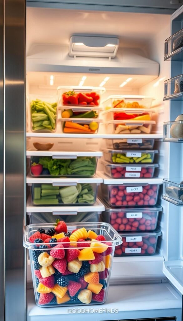 A beautifully organized freezer interior, showcasing various transparent containers and labeled bins filled with neatly arranged frozen fruits, vegetables, and ready-to-cook meals. In the foreground, focus on a clear plastic bin filled with colorful frozen berries, organized vegetables in individual sections, and a section for homemade meals. The middle ground features neatly stacked containers, emphasizing optimal use of space and accessibility. In the background, a stainless steel freezer door stands partially open, revealing glimmers of frost and a well-lit interior. Soft, natural lighting enhances the freshness and vibrancy of the items inside, creating a clean and inviting atmosphere. The image has a Pinterest-inspired aesthetic, promoting efficient freezer organization and enchanting viewers with practical space solutions. Styled in a modern kitchen environment branded with "GoodHomeFinds."