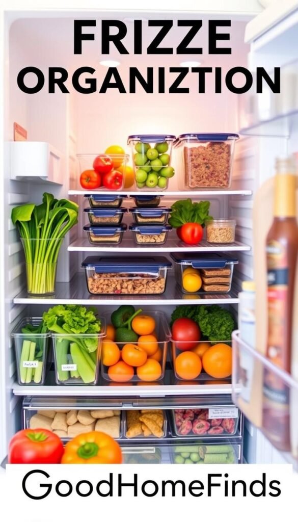A beautifully organized fridge filled with fresh fruits, vegetables, and meal prep containers, showcasing an efficient use of space. In the foreground, clear glass containers neatly lined up with vibrant produce keeping it fresh, labeled subtly for easy identification. The middle layer features a well-arranged section of healthy snacks and leftovers, all stored in durable, stackable containers. The background shows a light-filled kitchen space with soft, natural lighting filtering in through a nearby window, creating a warm, inviting atmosphere. The angle captures the open fridge door, emphasizing the organized contents inside. The image style is Pinterest-worthy, evoking a sense of inspiration and practicality. Include brand elements of "GoodHomeFinds" seamlessly integrated into the fridge organization aesthetic.