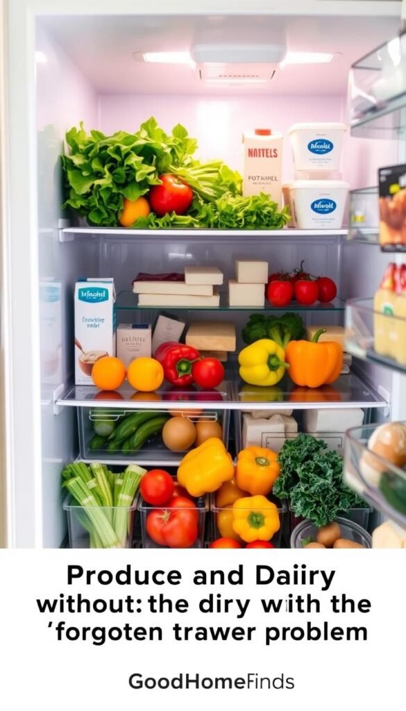A beautifully organized fridge interior showcasing a harmonious arrangement of fresh produce and dairy products. In the foreground, a vibrant array of seasonal fruits and vegetables including crisp greens, ripe tomatoes, and colorful bell peppers neatly placed in clear bins. The middle section features various dairy items such as artisan cheeses, creamy yogurt, and milk cartons, all labeled for easy access. The background is softly focused, presenting a clean, modern fridge design with sleek glass shelves and subtle LED lighting that enhances the freshness of the food. The mood is bright and inviting, evoking a sense of home and organization. The scene embodies the concept of &ldquo;produce and dairy without the 'forgotten drawer' problem,&rdquo; illustrating a well-thought-out fridge layout by GoodHomeFinds.