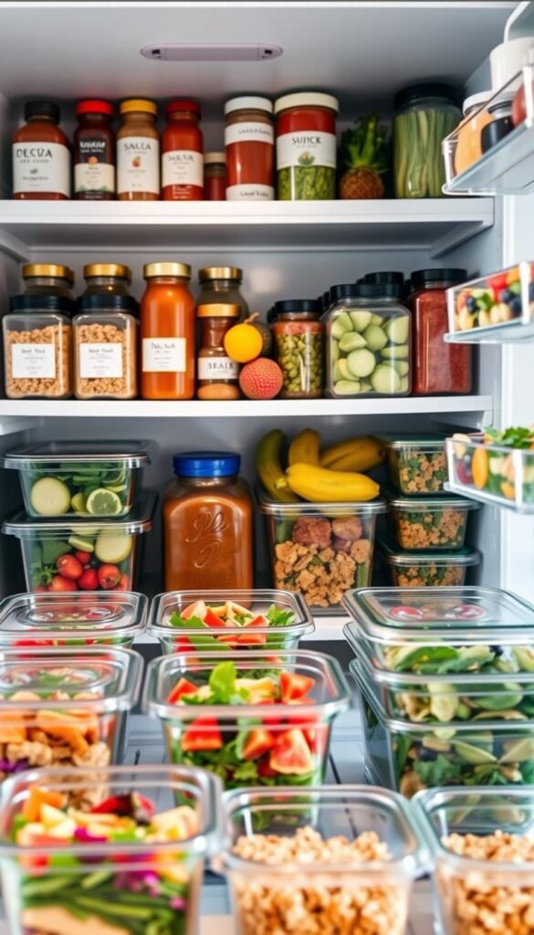 A beautifully organized fridge showcasing a range of meal prep containers filled with colorful, fresh ingredients. In the foreground, clear glass containers neatly arranged, revealing vibrant salads, marinated proteins, and wholesome grains. The middle features shelves stocked with labeled jars of spices, sauces, and neatly stacked produce, all in visually pleasing order. The background includes a well-lit, modern kitchen setting, enhancing the vibrant colors and textures. Soft natural lighting pours in through a nearby window, creating a warm and inviting atmosphere. Capture the essence of efficient meal prepping, with a Pinterest-style aesthetic that inspires organization. GoodHomeFinds, lifestyle photography, focus on neatness and accessibility.