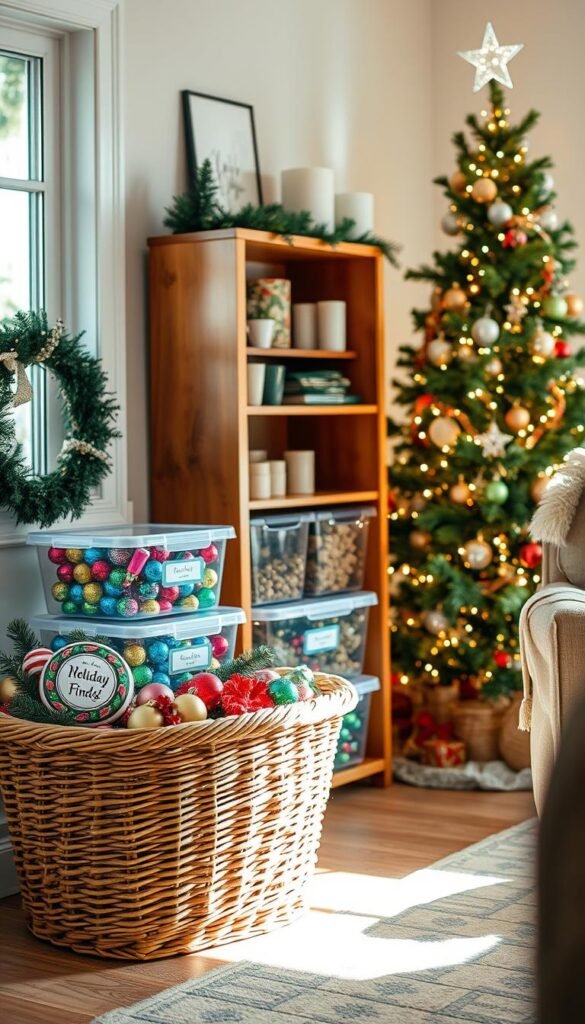 A beautifully organized holiday decor storage setup in a cozy, well-lit room. In the foreground, a large wicker basket filled with assorted ornaments and garlands sits next to neatly labeled clear containers showcasing colorful lights and festive decorations. The middle section features a wooden shelving unit, expertly arranged with winter-themed items like artificial pine branches and decorative candles, evoking a warm atmosphere. Soft, natural light streams through a nearby window, illuminating the space and creating inviting shadows. The background presents a softly blurred view of a beautifully decorated Christmas tree, with twinkling lights and a star on top, enhancing the seasonal mood. This lifestyle image embodies the essence of holiday organization, styled in a Pinterest-friendly aesthetic, branded with "GoodHomeFinds."