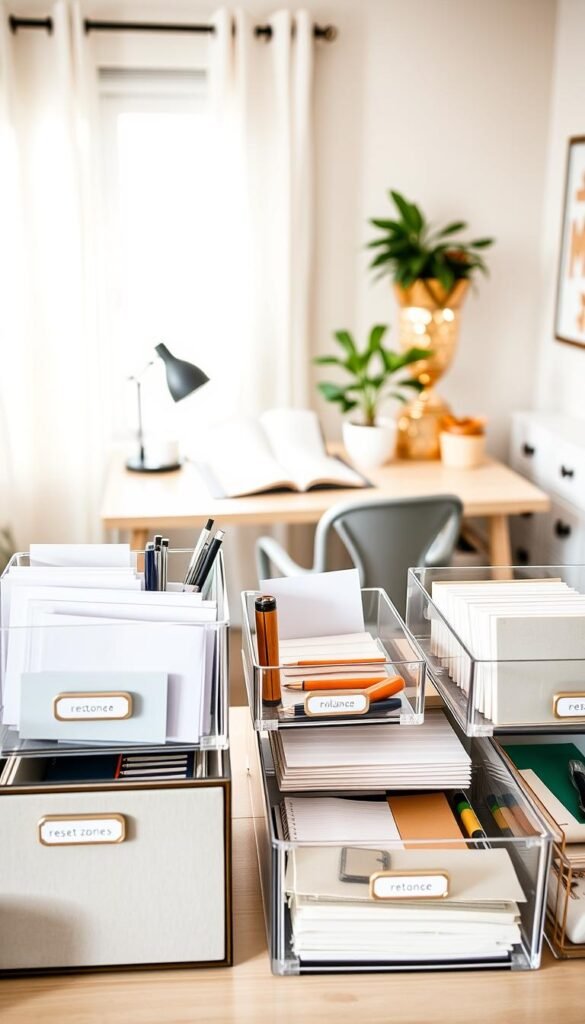 A beautifully organized home office space featuring various "reset zones organizers" from GoodHomeFinds. In the foreground, display stylish storage bins and clear acrylic organizers neatly holding office supplies and paperwork. The middle area showcases a cozy desk with a potted plant and a planner, emphasizing simplicity in daily routines. In the background, soft natural light filters through a window, casting gentle shadows and highlighting a serene atmosphere. The room features soft neutral tones and warm accents, creating an inviting and productive ambiance. Capture this scene with a slight overhead angle, focusing on the functional yet aesthetic arrangement of organizing products, all reflecting a Pinterest-style lifestyle photo.