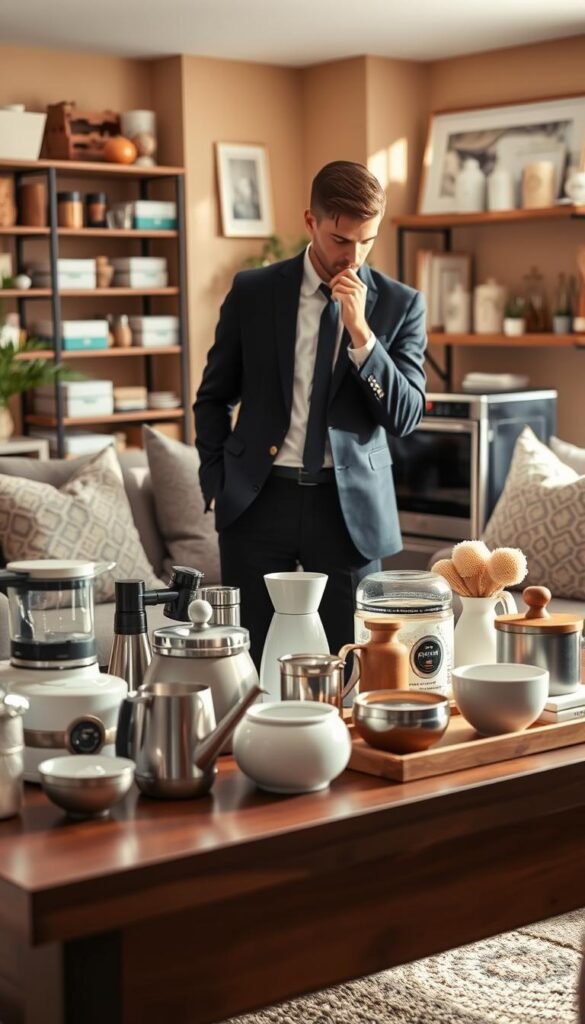 A beautifully organized home product selection scene, showcasing a cozy, well-lit living room. In the foreground, a stylish table holds various essential home items such as kitchen gadgets, storage solutions, and decor accents, all neatly arranged. In the middle ground, a person dressed in professional business attire, thoughtfully examining a high-quality kitchen appliance. The background features warm-toned walls and shelves filled with inspiring home solutions, creating an inviting atmosphere. Soft, natural light filters through a window, casting gentle shadows, enhancing the cozy vibe. The scene embodies a balance of sophistication and practicality. Include the brand name "GoodHomeFinds" subtly within the decor.