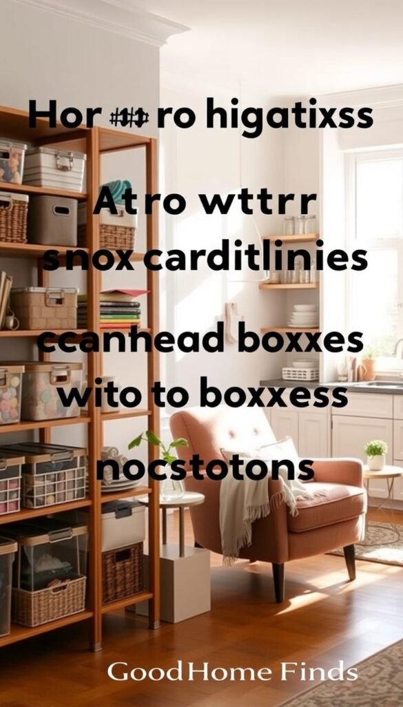 A beautifully organized home space without traditional cardboard boxes, featuring innovative no-box systems. In the foreground, a stylish wooden shelving unit displays neatly arranged items like decorative baskets and clear storage containers filled with colorful craft supplies. The middle ground shows a cozy reading nook with a comfortable armchair, a soft throw blanket, and a small side table with a plant. The background reveals a bright, airy kitchen with open shelves displaying dishware and glass jars filled with pantry staples. Natural light streams through large windows, casting soft shadows, creating a warm and inviting atmosphere. The image embodies a modern, minimalistic design aesthetic, reflecting the concept of 'GoodHomeFinds'.