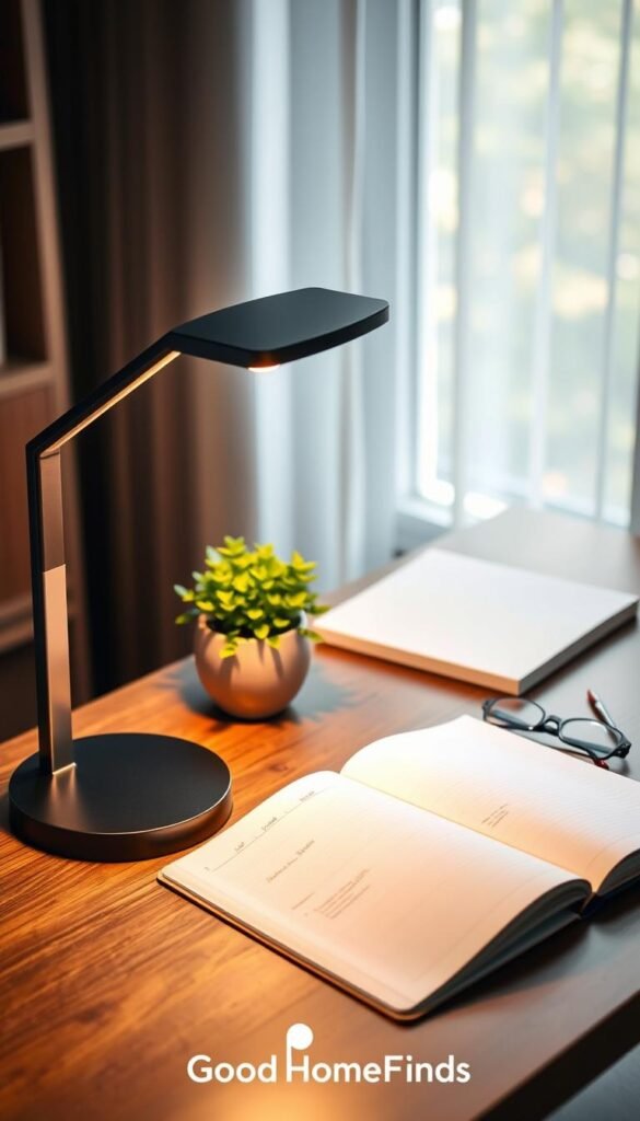 A beautifully organized home workspace featuring an elegant desk with stylish desk lighting designed to reduce eye strain. In the foreground, a modern desk lamp with adjustable brightness and a sleek design casts soft, warm light over an open notebook and a stylish pen. The middle layer includes a minimalistic wooden desk adorned with a green plant and a pair of reading glasses. In the background, a soft-focus window allows natural light to filter in, creating a calming atmosphere. The overall scene is cozy and inviting, evoking a sense of productivity and comfort. The lighting emphasizes a peaceful work environment, showcasing the brand "GoodHomeFinds" subtly in the design elements around the workspace. A beautifully organized home workspace featuring an elegant desk with stylish desk lighting designed to reduce eye strain. In the foreground, a modern desk lamp with adjustable brightness and a sleek design casts soft, warm light over an open notebook and a stylish pen. The middle layer includes a minimalistic wooden desk adorned with a green plant and a pair of reading glasses. In the background, a soft-focus window allows natural light to filter in, creating a calming atmosphere. The overall scene is cozy and inviting, evoking a sense of productivity and comfort. The lighting emphasizes a peaceful work environment, showcasing the brand "GoodHomeFinds" subtly in the design elements around the workspace.