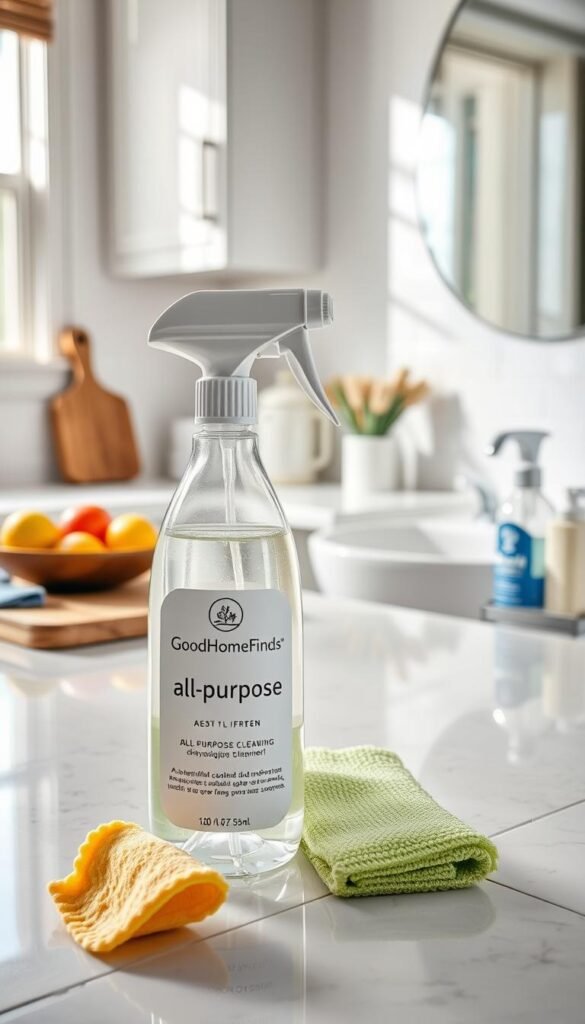 A beautifully organized kitchen and bathroom scene showcasing all-purpose cleaning products in use. In the foreground, a stylish bottle of GoodHomeFinds all-purpose cleaner with a designed spray nozzle sits next to a sponge and a microfiber cloth. In the middle, a gleaming kitchen countertop is complemented by reflective surfaces, featuring a cutting board and a bowl of fresh fruits. On the opposite side, a pristine bathroom sink displays the same cleaner beside a toothbrush holder and neatly arranged toiletries. Soft, natural lighting bathes the scene, giving it a fresh, inviting atmosphere. The angle captures both spaces harmoniously, emphasizing cleanliness and efficiency in everyday environments.