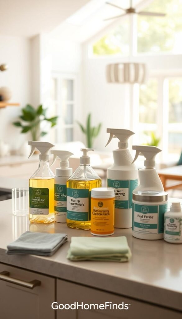 A beautifully organized kitchen as the foreground, showcasing an array of essential cleaning solutions, such as eco-friendly sprays, microfiber cloths, and reusable cleaning pads, all neatly displayed on a modern countertop. In the middle ground, there are stylish containers and labels, suggesting practicality and ease for busy homeowners. The background features a bright and airy living space, with sunlight streaming through large windows, illuminating the scene and enhancing the clean, fresh atmosphere. The overall mood is inviting and efficient, perfect for the busy lifestyle. Use a soft focus to create a cozy feel, and capture the image from a slightly elevated angle to emphasize the cleaning products. Showcase the branding "GoodHomeFinds" subtly integrated into the setting without overt displays.