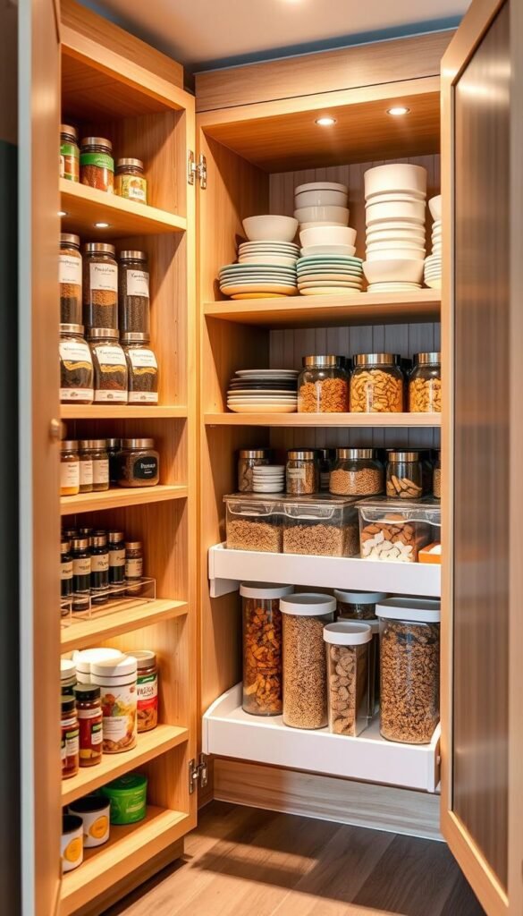 A beautifully organized kitchen cabinet showcasing innovative shelf upgrades for small spaces. The foreground features stylish, modular shelving systems made from light wood, filled with neatly arranged spices in labeled jars, ceramic dishware, and stackable containers for dry goods. In the middle ground, a pull-out shelving unit reveals hidden compartments designed for maximizing space, with vibrant colors and textures that invite creativity. The background displays soft LED lighting illuminating the cabinet, highlighting the polished design. The overall atmosphere is warm and inviting, conveying a sense of efficient organization. The photo is taken from a slight angle to provide depth, showcasing the efficient use of vertical space. The scene embodies modern kitchen solutions by GoodHomeFinds, with no text or distractions.