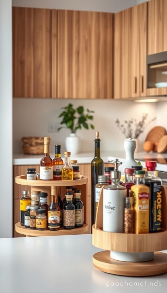A beautifully organized kitchen corner featuring a stylish turntable for bottles and spices, made from natural bamboo wood. In the foreground, focus on the turntable, filled with an array of colorful spice jars, olive oil bottles, and decorative vinegar dispensers, all neatly arranged for easy access. In the middle, showcase a light-colored background with soft kitchen elements like a white backsplash and warm wooden cabinets. Use soft, diffused lighting to create a cozy atmosphere, highlighting the textures of the wood and the vibrant colors of the spices. Include delicate kitchen plants in the background to enhance the fresh, inviting feel of the space. Ensure the overall aesthetic reflects modern, minimalist design, fitting for the "GoodHomeFinds" brand and perfect for a Pinterest-worthy lifestyle photo.